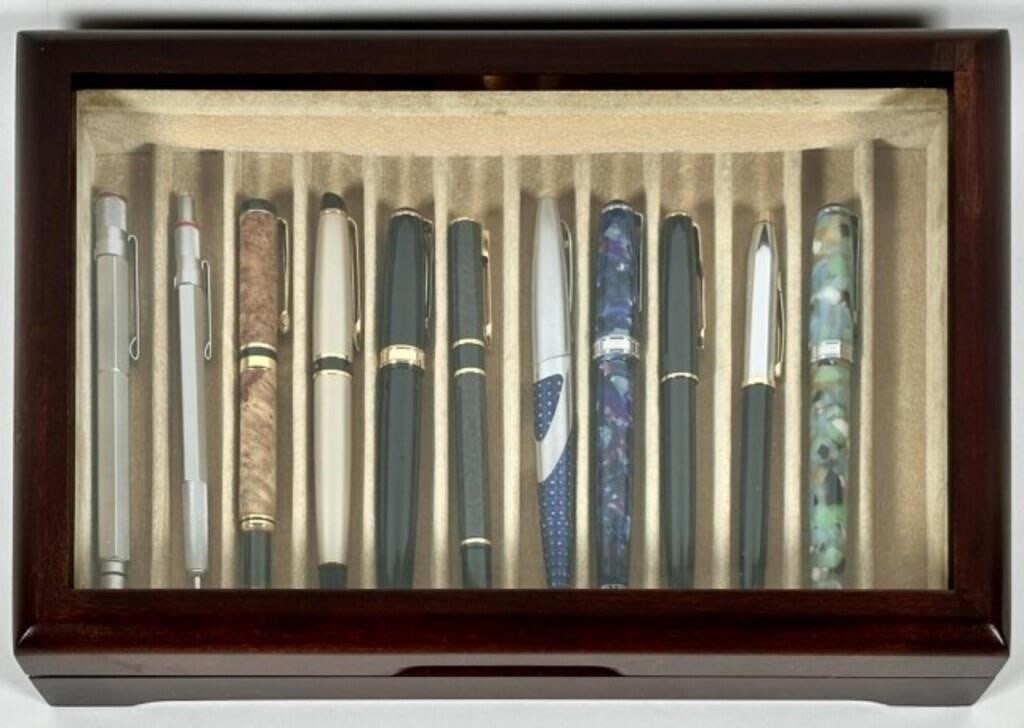 COLLECTION OF FOUNTAIN PENS: PARKER, CROSS, LEVENGER, SCHEAFFER, WATERMAN. INCLUDES DELUXE DISPLAY CASE. CASE IS 12"X8"
