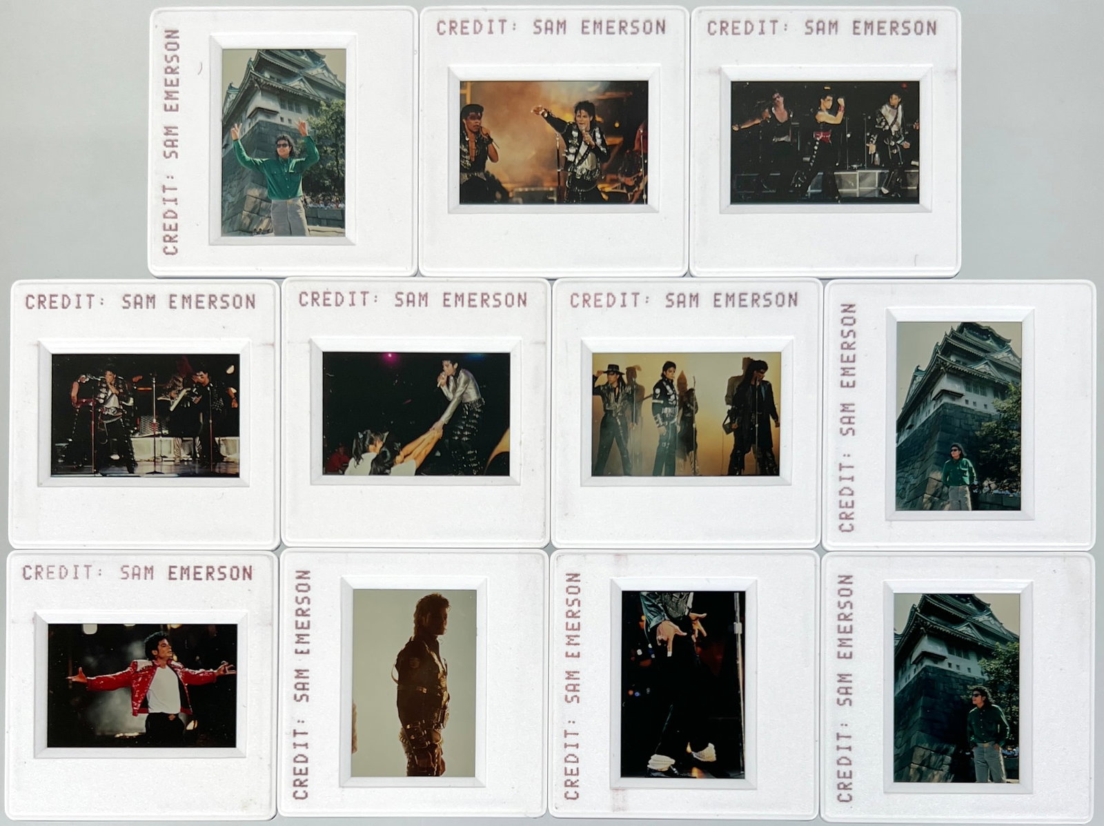MICHAEL JACKSON - SAM EMERSON PHOTO SLIDES: SET OF PHOTO NEGATIVE SLIDES OF MICHAEL JACKSON DURNG THE BAD ERA, TAKEN BY FAMED PHOTOGRAPHER SAM EMERSON. EACH MOUNTED IN SLIDE/NEGATIVE HOLDER.