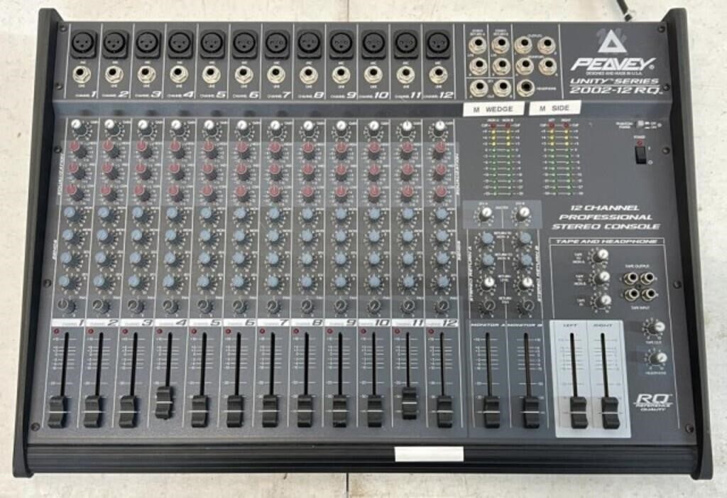 PEAVEY UNITY SERIES 2002-12RQ SOUND BOARD: PROFESSIONAL 12 CHANNEL STEREO CONSOLE. POWERS ON BUT HAS NOT BEEN TESTED.