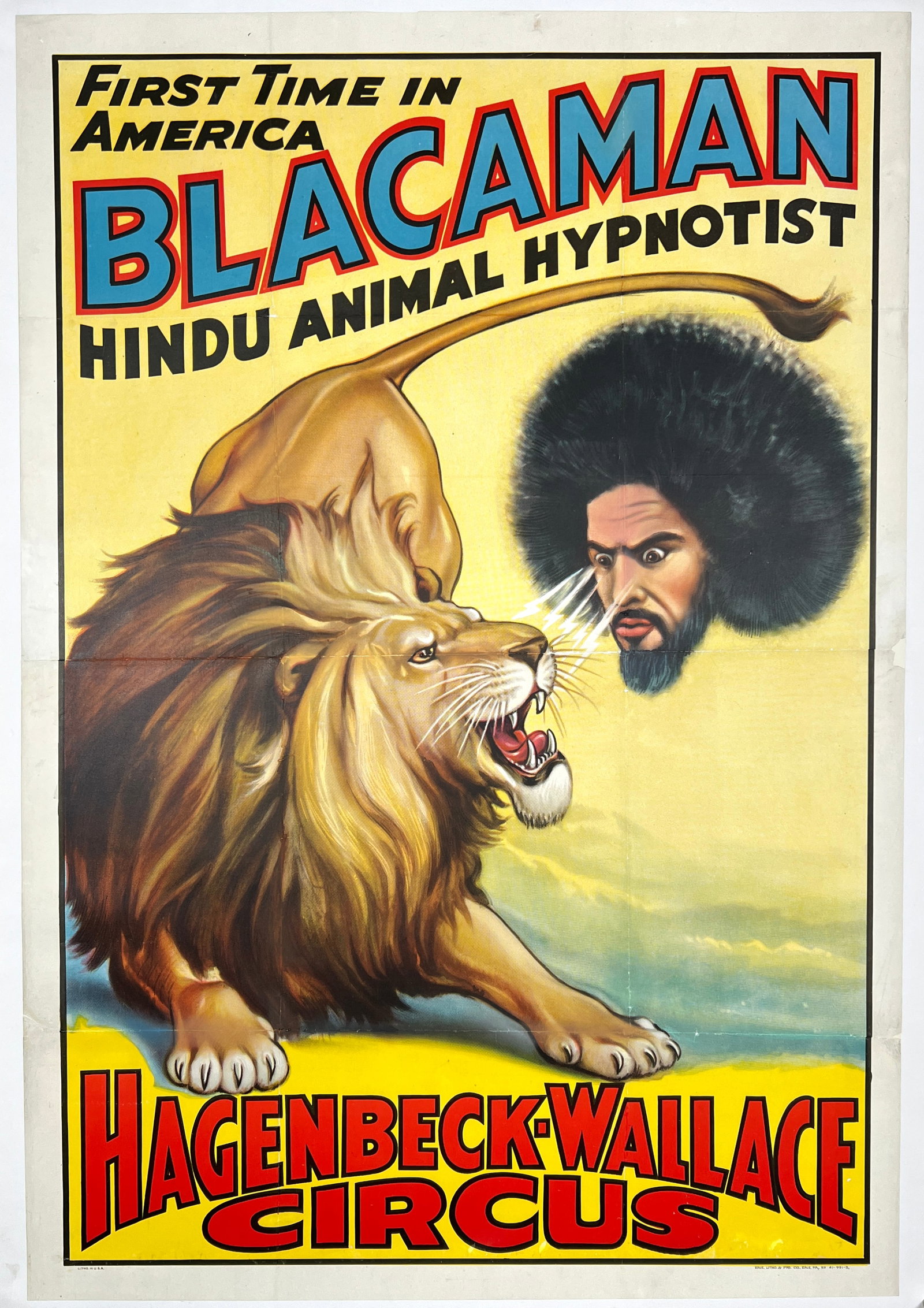 HAGENBECK-WALLACE CIRCUS - BLACAMAN POSTER: FIRST TIME IN AMERICA - BLACAMAN - HINDU ANIMAL HYPNOTIST. ONE SHEET, ERIE LITHO, 1938. PROFESSIONAL CONSERVED ON LINEN. 28"X42"