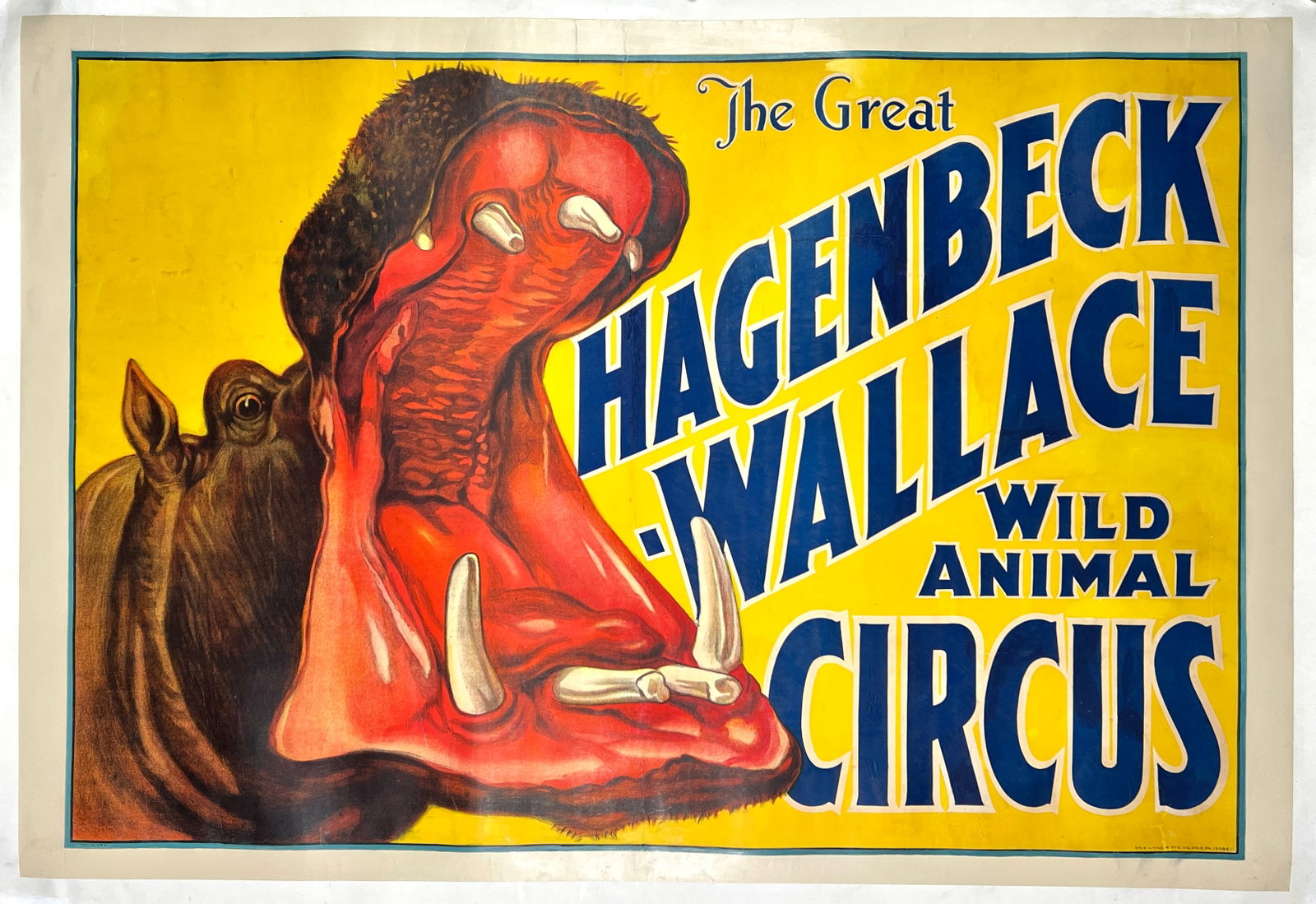 HAGENBECK-WALLACE WILD ANIMAL CIRCUS POSTER: HIPPO WITH TITLE. ONE SHEET, ERIE LITHO, 1934. PROFESSIONALLY CONSERVED ON LINEN. 28"X42"