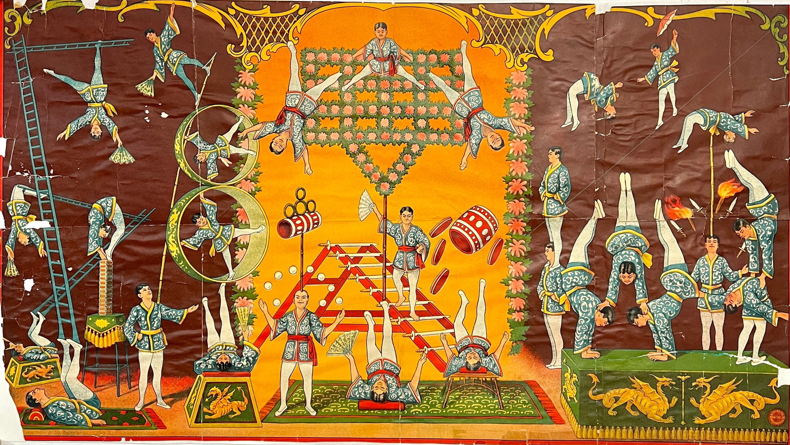 RIVERSIDE PRINTING ACROBATS POSTER: TITLE IS TRIMMED, MOUNTED ON OLD LINEN, SCATTERED LOSS. 22"X40"
