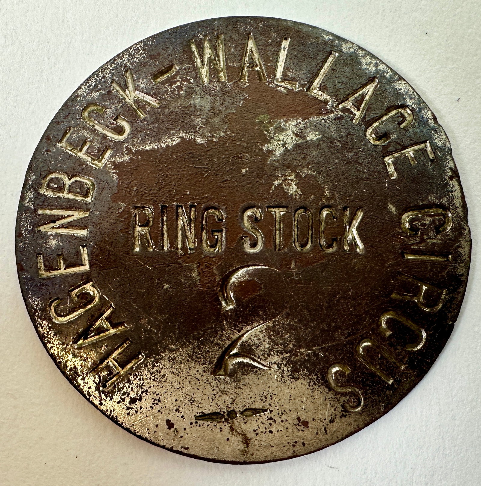 HAGENBECK-WALLACE EMPLOYEE BADGE: SCARCE. RING STOCK EMPLOYEE BADGE #2. PIN IS MISSING. 1.75"