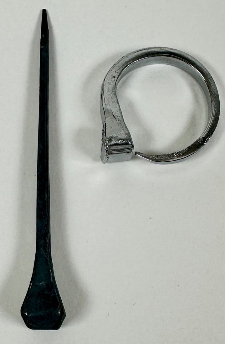 BILLPOSTER'S TACK AND RING: TACK AS USED FOR POLE POSTING OF ADVERTISING AND A TACK CONVERTED TO JEWELRY RING.