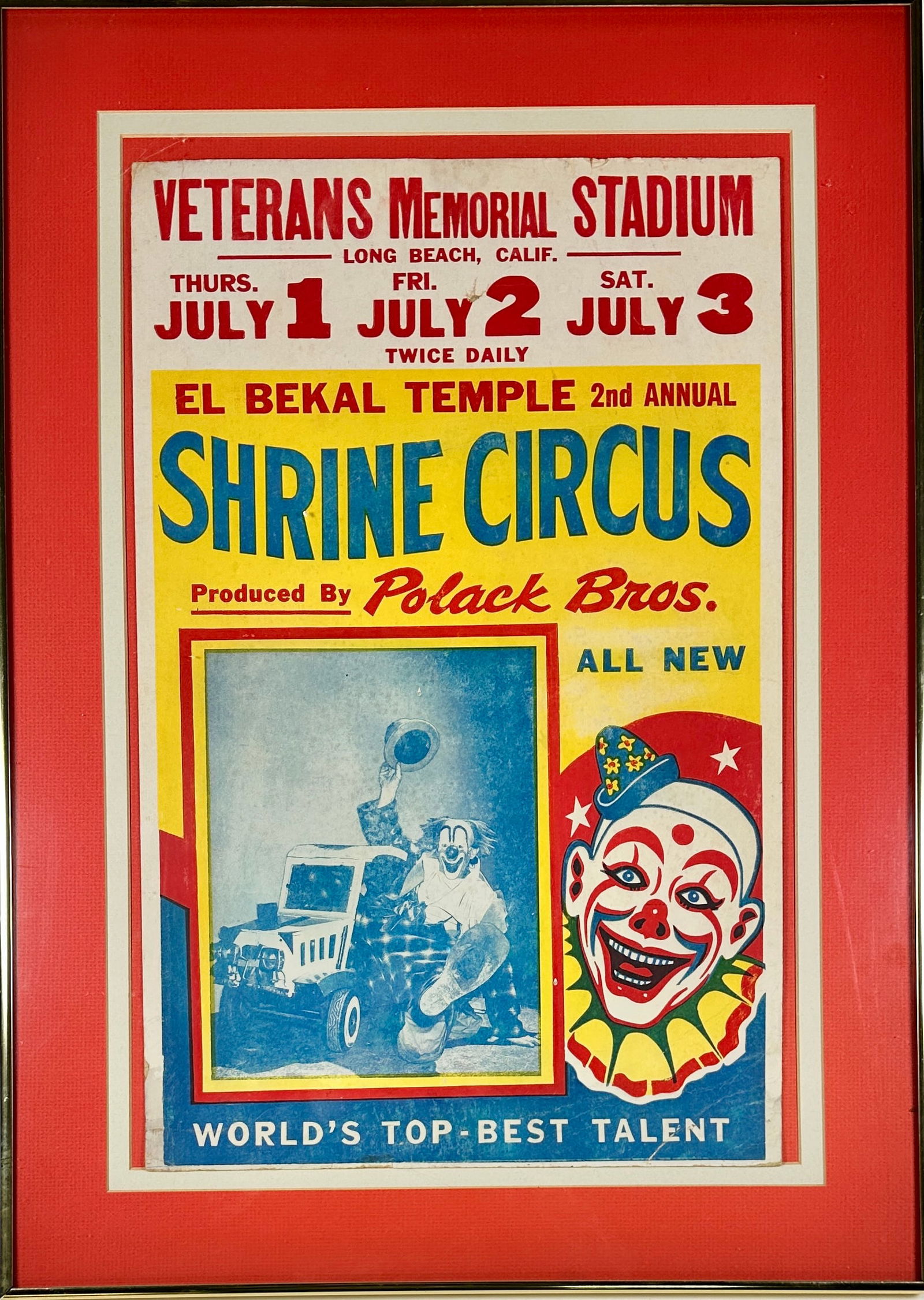 LOU JACOBS - POLACK BROS. WINDOW CARD: A FRAMED WINDOW CARD FOR EL BEKAL TEMPLE SHRINE CIRCUS PRODUCED BY POLACK BROS. FEATURING LOU JACOBS AND HIS CLOWN CAR. IMAGE 14"X22". CAN BE REMOVED FROM FRAME FOR SHIPPING. LOU JACOBS (AMERICAN, 190