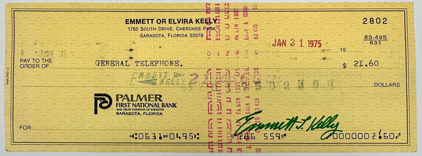 EMMETT KELLY SIGNED BANK CHECK (1 of 2)