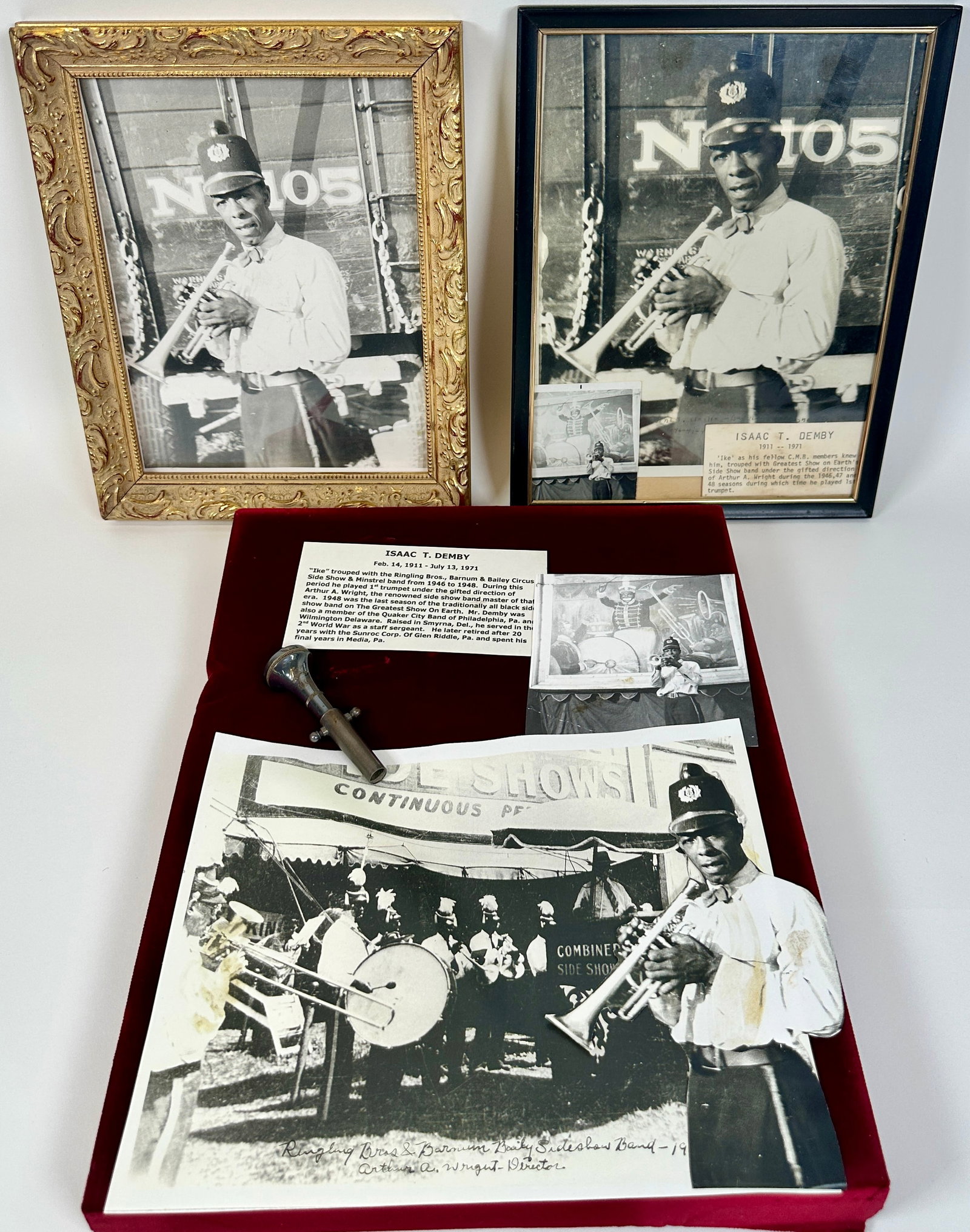 ISAAC T. DEMBY SIDESHOW BAND INSTRUMENT: TRUMPET MOUTHPIECE AS USED BY ISAAC T. DENBY (1911-1971). DEMBY TROUPED WITH THE GREATEST SHOW ON EARTH'S SIDESHOW BAND UNDER THE DIRECTION OF ARTHUR A. WRIGHT DURING THE 1940'S, PLAYING FIRST TRUMPET
