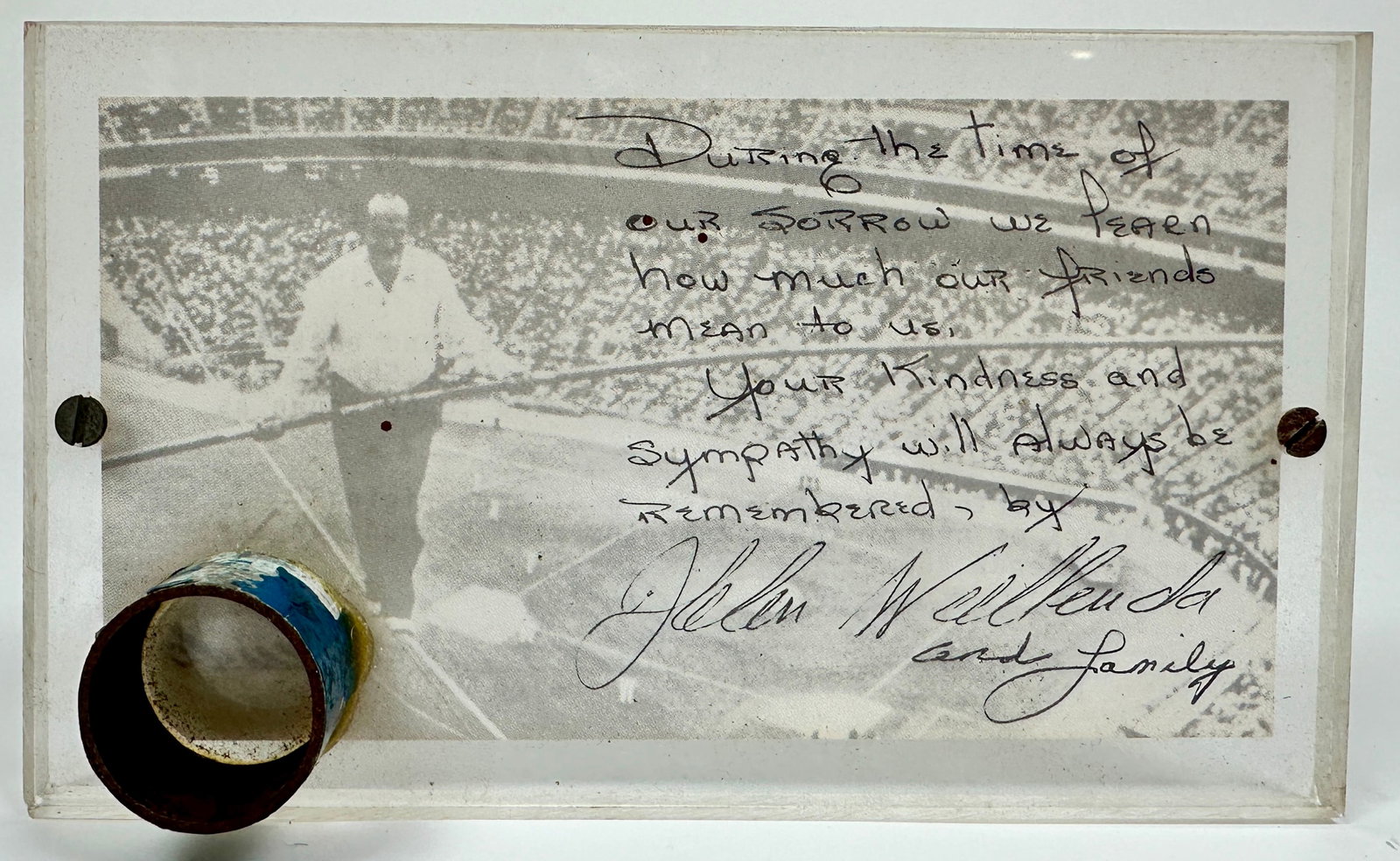 KARL WALLENDA BALANCE POLE: COMMEMORATIVE FRAGMENT OF THE BALANCE POLE LAST USED BY KARL WALLENDA ON HIS LAST ENDEAVOR ON THE HIGH WIRE IN PUERTO RICO ON MARCH 22, 1978. ON THAT DAY AND DURING THAT PERFORMANCE, WALLENDA FELL TO 