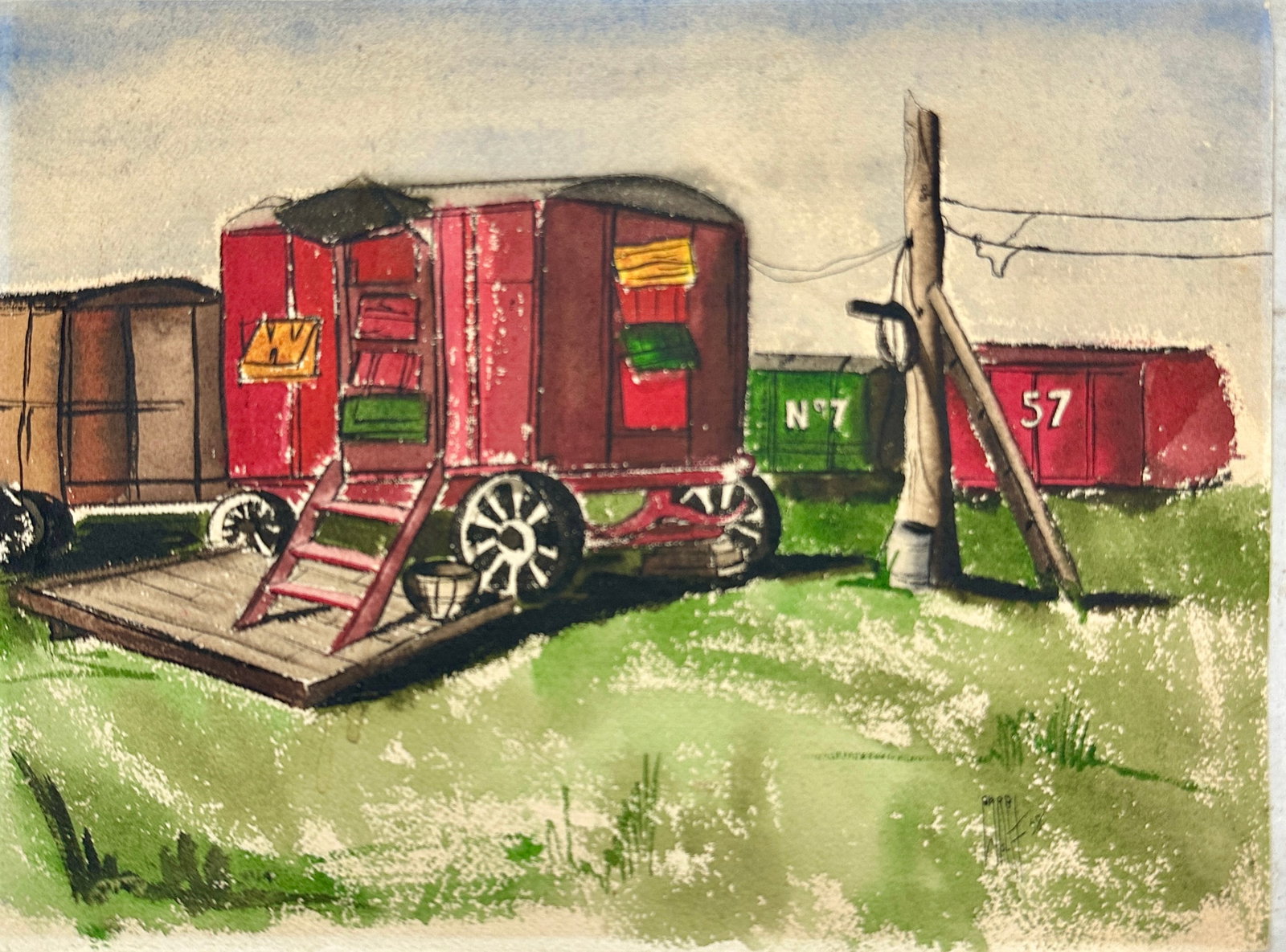 BARBI WOLFF CIRCUS WATERCOLOR PAINTING: WATERCOLOR BY BARBI WOLFF, RINGLING SCHOOL OF ART, 1938. DEPICTION OF WAGONS IN THE BACKYARD. UNMOUNTED. 9"X12"