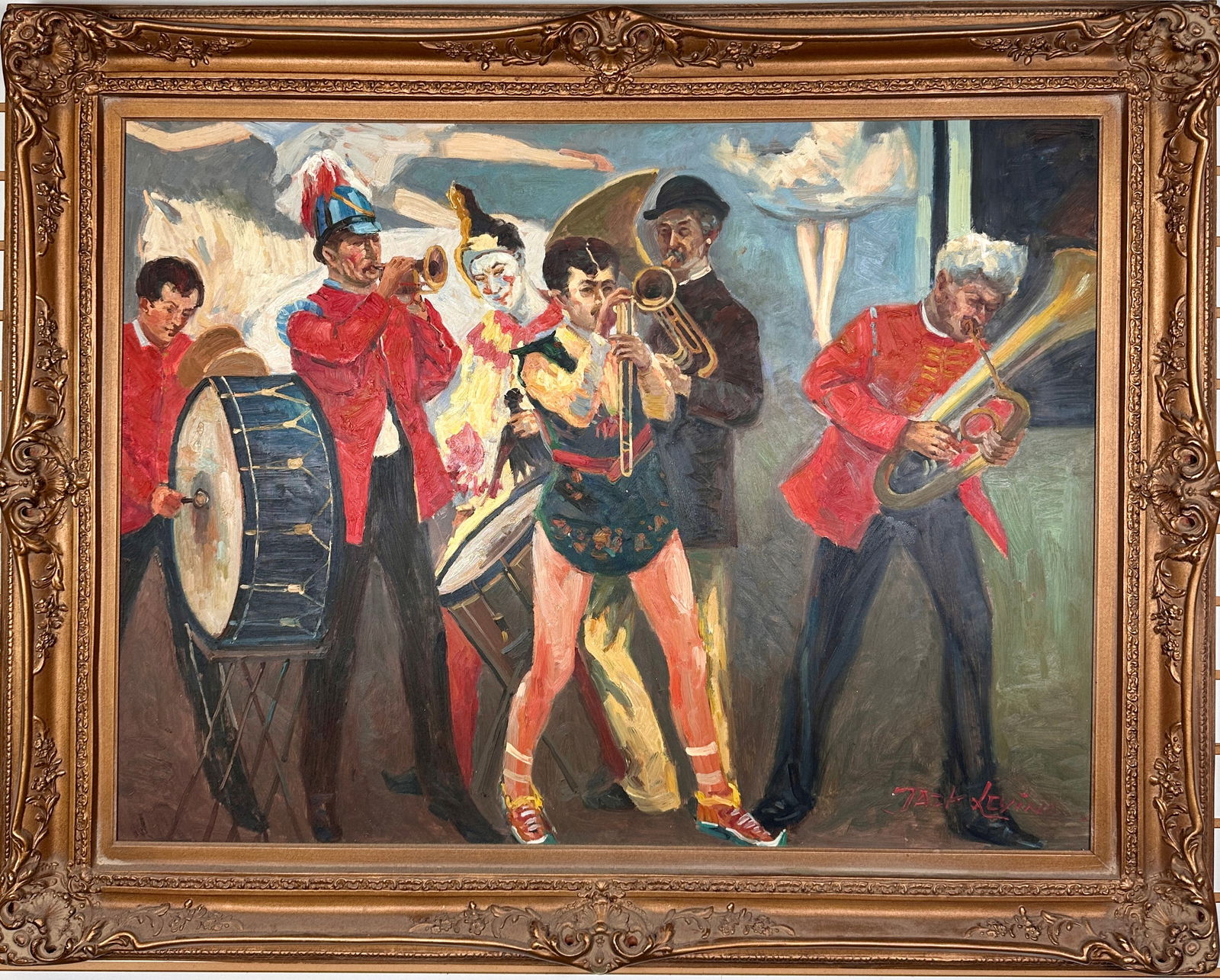 JACK LEVINE O/C PAINTING OF A CIRCUS BAND: SIGNED JACK LEVINE, DEPICTION OF A CIRCUS BAND WITH SURROUNDING PERFORMERS. OIL ON CANVAS, FRAMED, 40"X49"