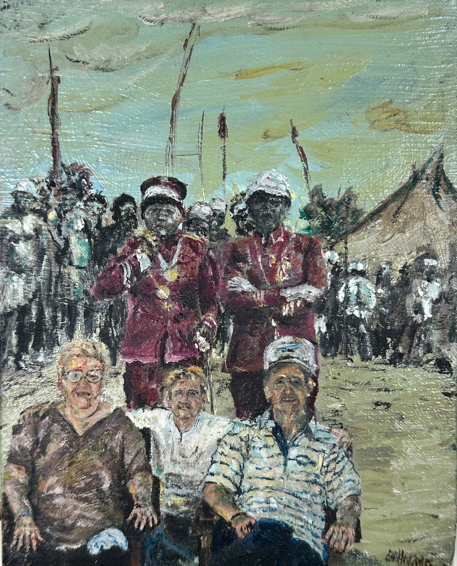 O/C CIRCUS PAINTING: SIGNED ILLEGIBLE. OIL ON CANVAS PAINTING OF SPECATORS AMONG UNIFORMED BANDSMEN OF AFRICAN DESCENT WITH VARIOUS PERSONNEL AND TENT IN THE BACKGROUND ON SHOW GROUNDS. 8"X10"