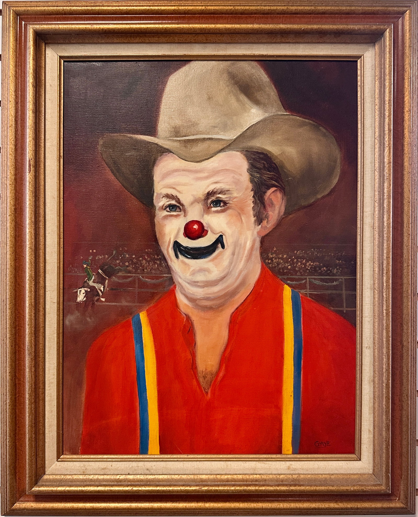 FOLK ART PAINTING OF RODEO CLOWN: SIGNED GAYE. OIL ON CANVAS. 25"X31"