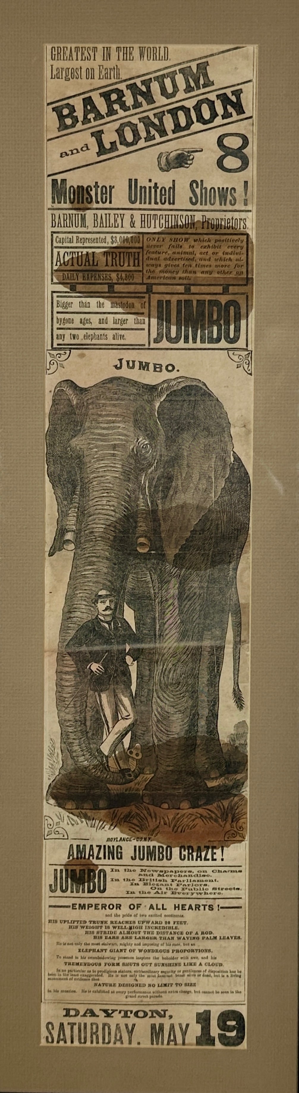 BARNUM & LONDON - MONSTER UNITED SHOWS COURIER: FRAMED COURIER ADVERTSING JUMBO, SATURDAY, MAY 19, 1883. AREAS OF SOILING, HAS NOT BEEN EXAMINED OUTSIDE OF FRAME. 9"X29"