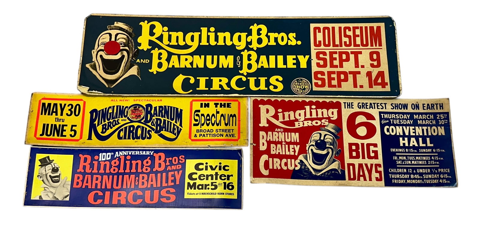 RINGLING BROS. BARNUM BAILEY CIRCUS ADVERTISING: 1970'S ADVERTISING ON BOARD FOR RBBB CIRCUS STANDS AT COLISEUM, CONVENTION HALL, SPECTRUM AND CIVIC CENTER. LARGEST IS 21"X72"