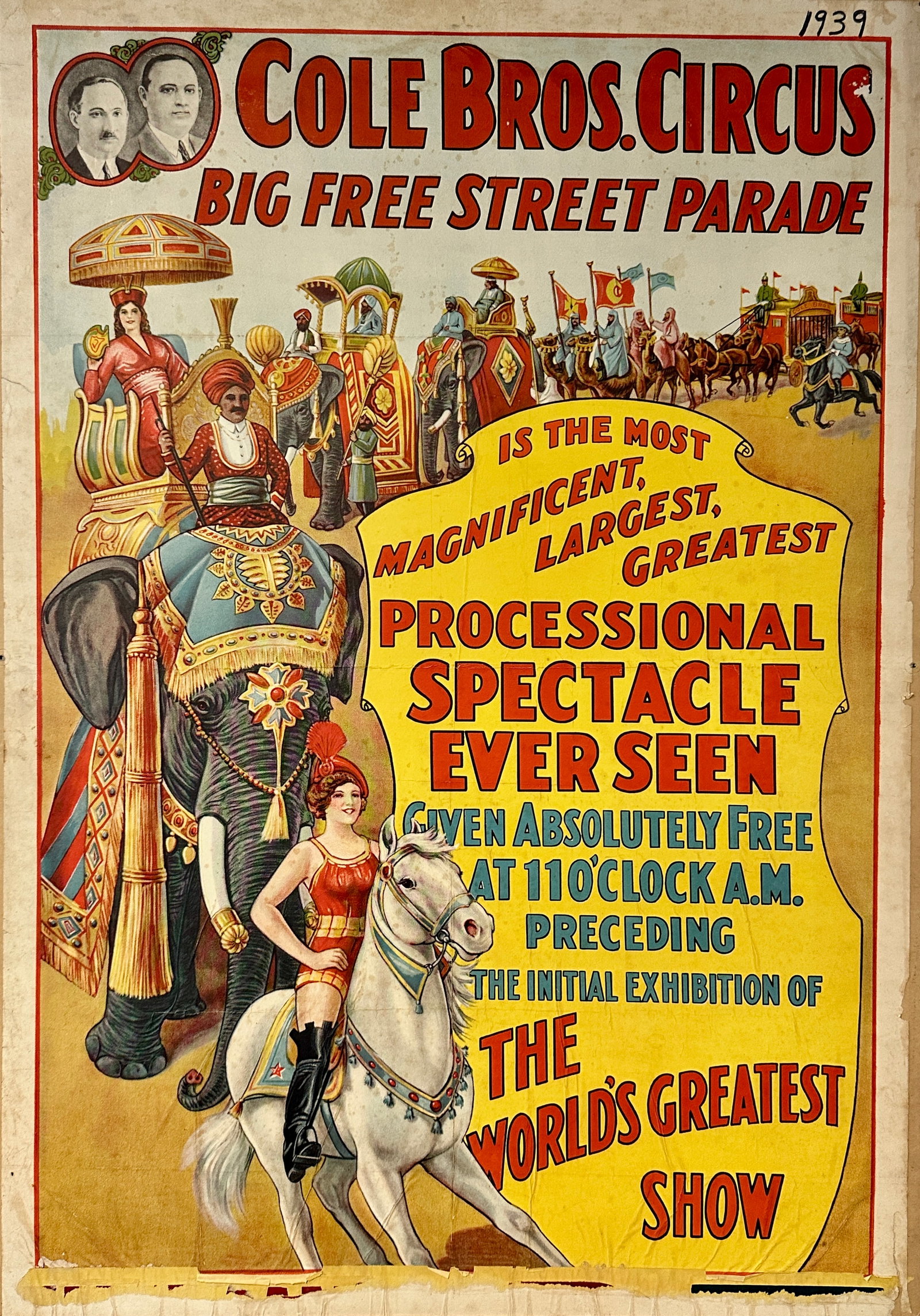 COLE BROS. CIRCUS POSTER: BIG FREE STREET PARADE. ONE SHEET, ERIE LITHO, 1939. MOUNTED ON BOARD, SOILING. 28"X42"