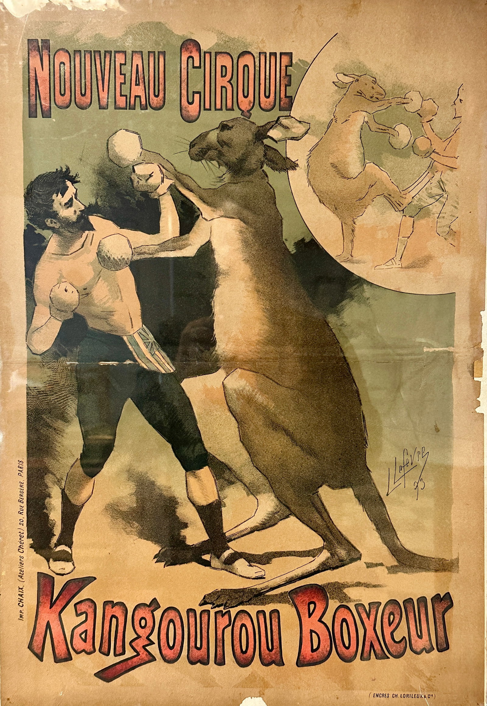 NOUVEAU CIRQUE - KANGOUROU BOXEUR POSTER: ART NOUVEAU PERIOD KANGAROO BOXER ATTRACTION. LUCIEN LEFEVRE (1850-1902) ILLUSTRATION. UNMOUNTED, FOLD, MARGIN LOSS. 18"X24"