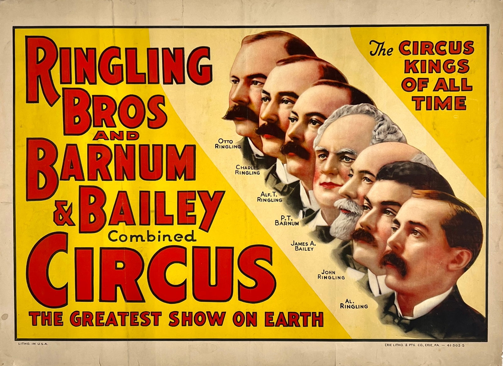 RINGLING BROS. AND BARNUM & BAILEY CIRCUS POSTER: RBBB CIRCUS - THE CIRCUS KINGS OF ALL TIME. HALF SHEET, ERIE LITHO, 1937. UNMOUNTED, FOLDS AS ISSUED, MINOR EDGE TEARS. 21"X28"