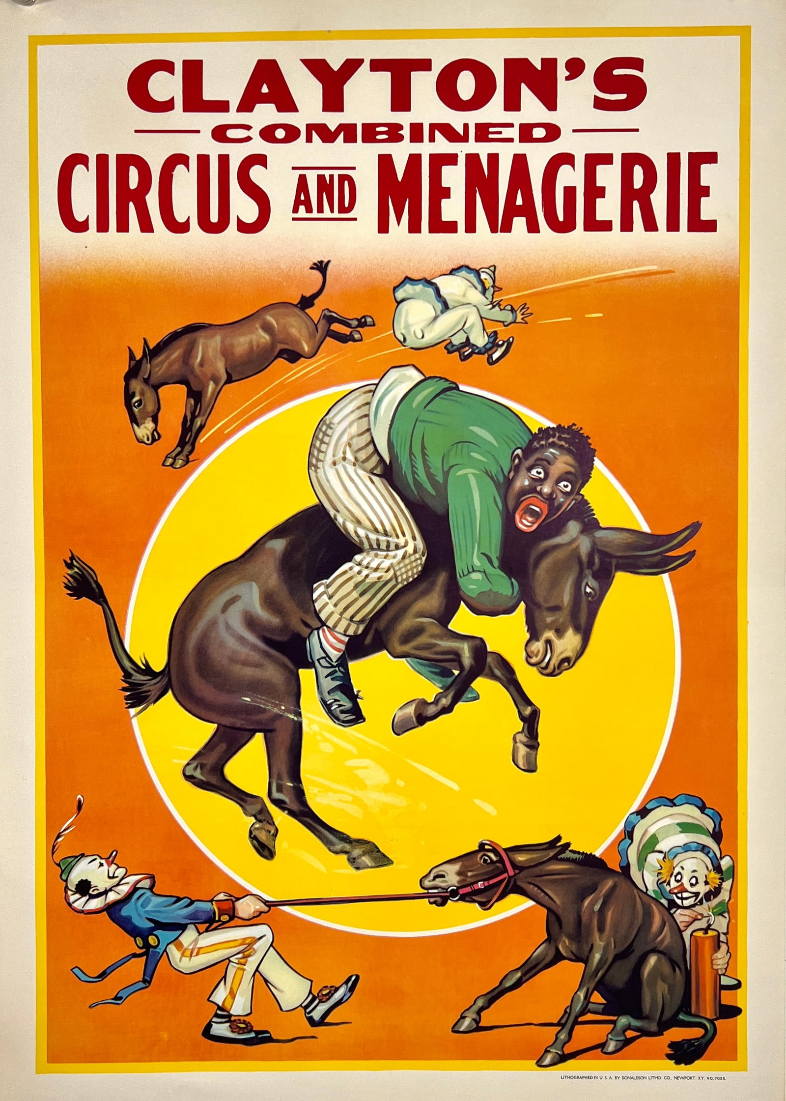 CLAYTON'S COMBINED CIRCUS AND MENAGERIE POSTER: CLAYTONS CIRCUS AND MENAGERIE - JANUARY ACT - COMEDIAN AND DONKEY. HALF SHEET, DONALDSON LITHO, 1937. UNMOUNTED. 21"X28"