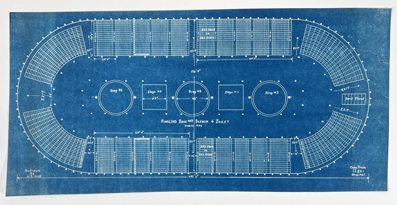 RINGLING BROS. BARNUM BAILEY CIRCUS SCHEMATIC: FOR THE SEASON OF 1945, A DETAILED DIAGRAM OF THE BLEACHER, BANDSTAND AND RING LAYOUT. FACSIMILIE LABELED - L.S.A. 10"X21.5"