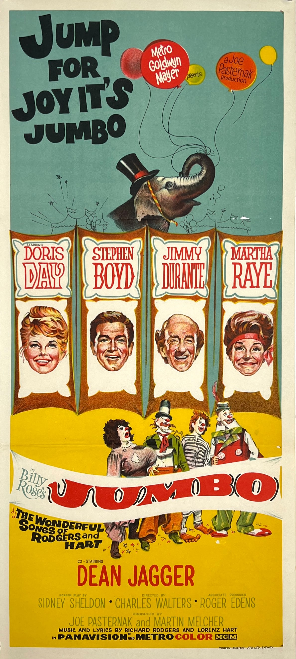 BILLY ROSE'S JUMBO MOTION PICTURE POSTER: JUMBO, DORIS DAY - STEPHEN BOYD - JIMMY DURANTE - MARTHA RAYE, MGM PICTURES, 1962. PANEL, UNMOUNTED. 13"X30"
