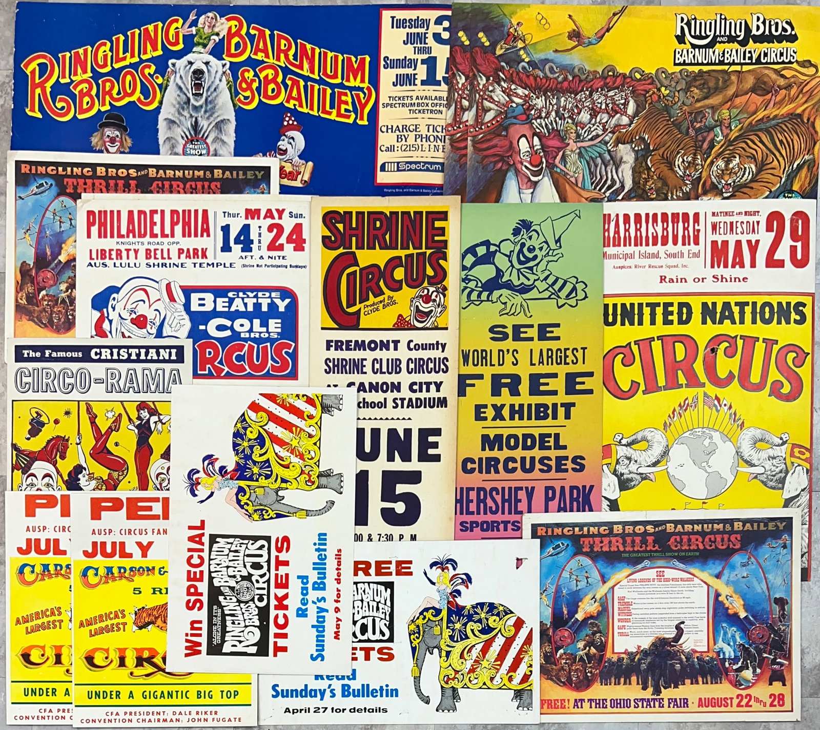 COLLECTION OF CIRCUS ADVERTISMENTS: VARIOUS HEAVY STOCK STYLE PAPER, WINDOW CARDS. APPROX. 14"X22"