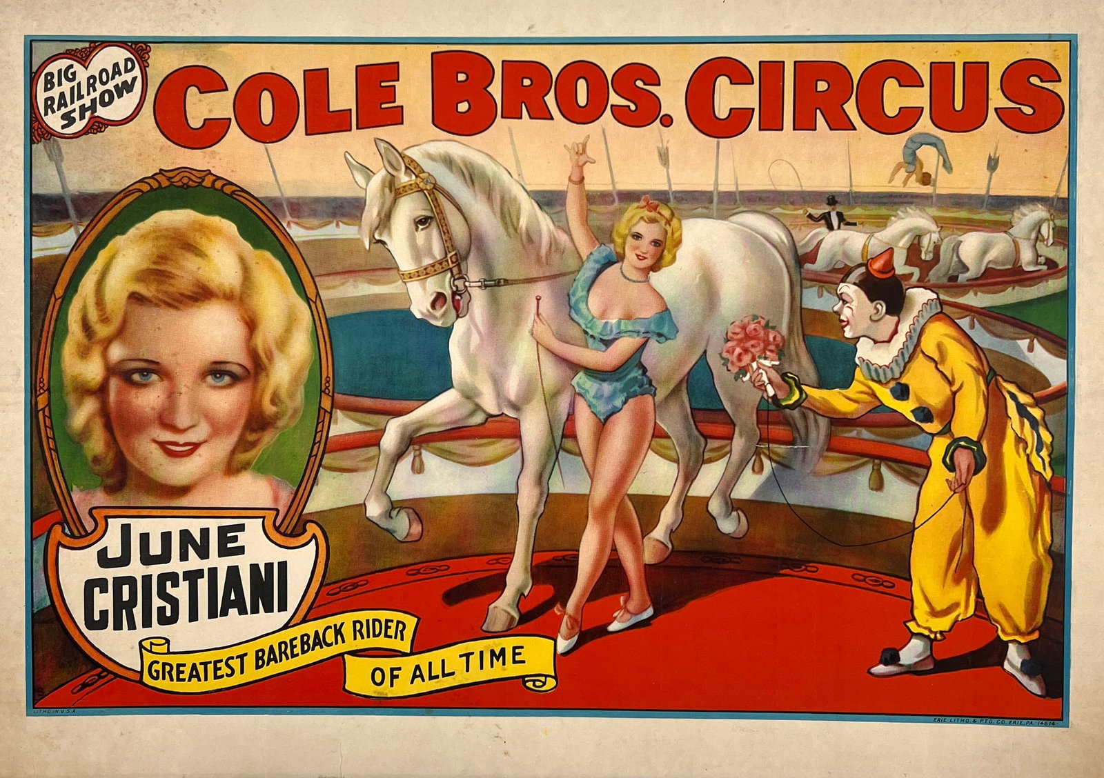 COLE BROS. CIRCUS POSTER: COLE BROS. CIRCUS POSTER - JUNE CRISTIANI - GREATEST BAREBACK RIDER OF ALL TIME. HALF SHEET, ERIE LITHO, 1940'S. UNMOUNTED. 21'X28"