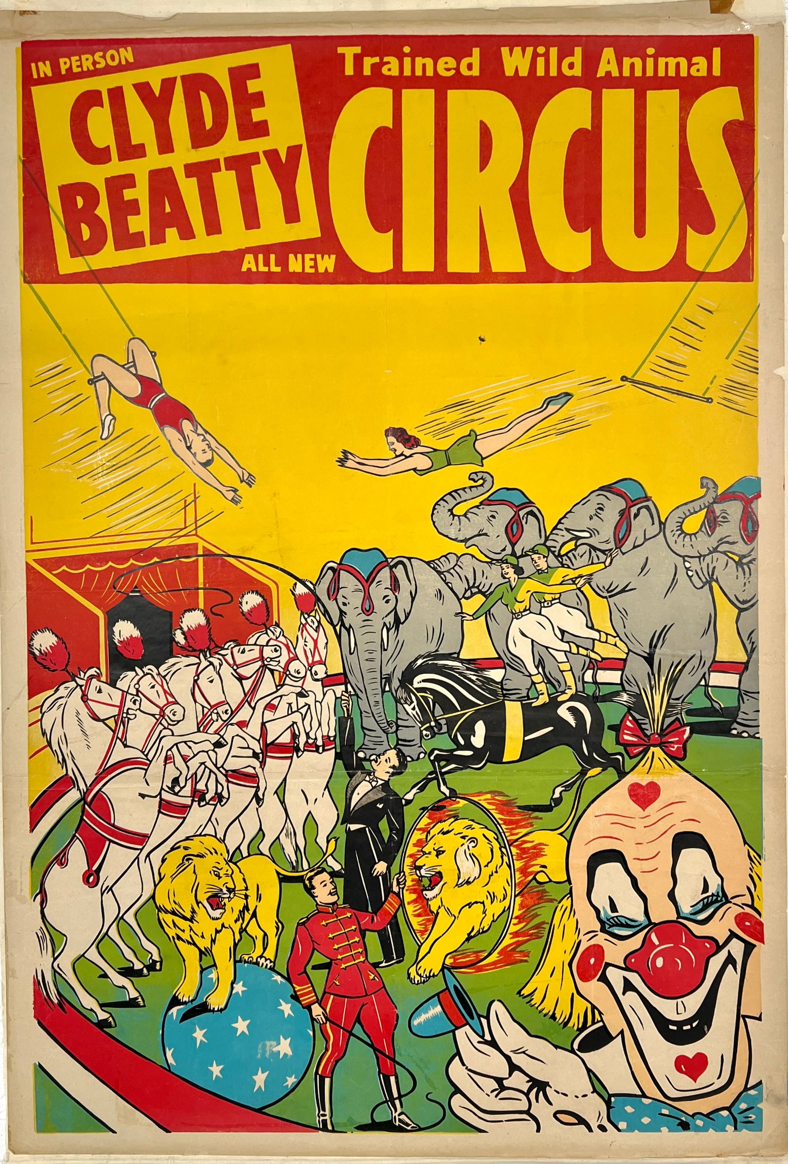 CLYDE BEATTY CIRCUS POSTER: CLYDE BEATTY CIRCUS - IN PERSON CLYDE BEATTY. ONE SHEET, 1940'S. MOUNTED ON OLD LINEN. 28"X42"