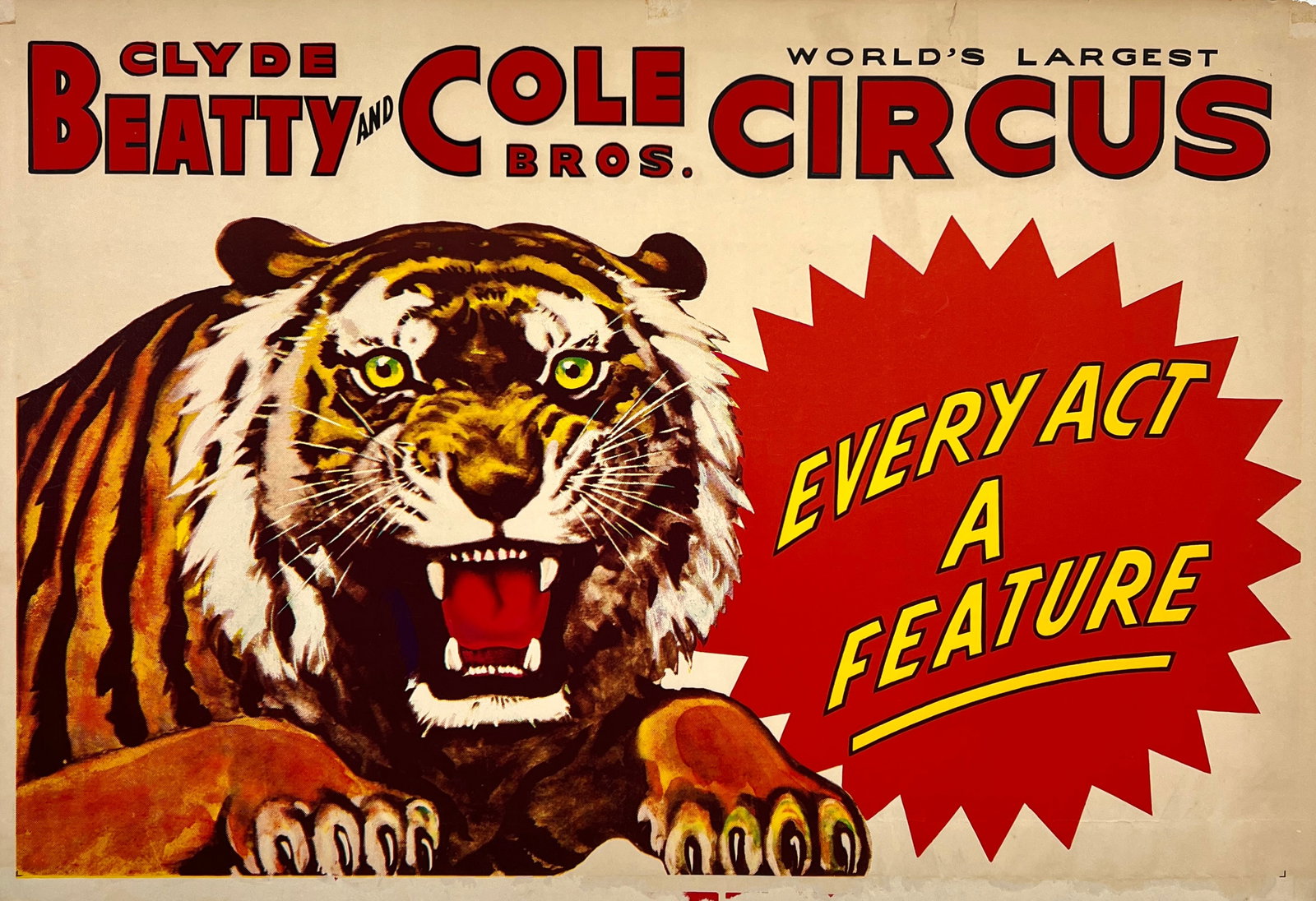 CLYDE BEATTY - COLE BROS. CIRCUS POSTER: CB-CB - EVERY ACT A FEATURE. ONE SHEET, 1962. UNMOUNTED.