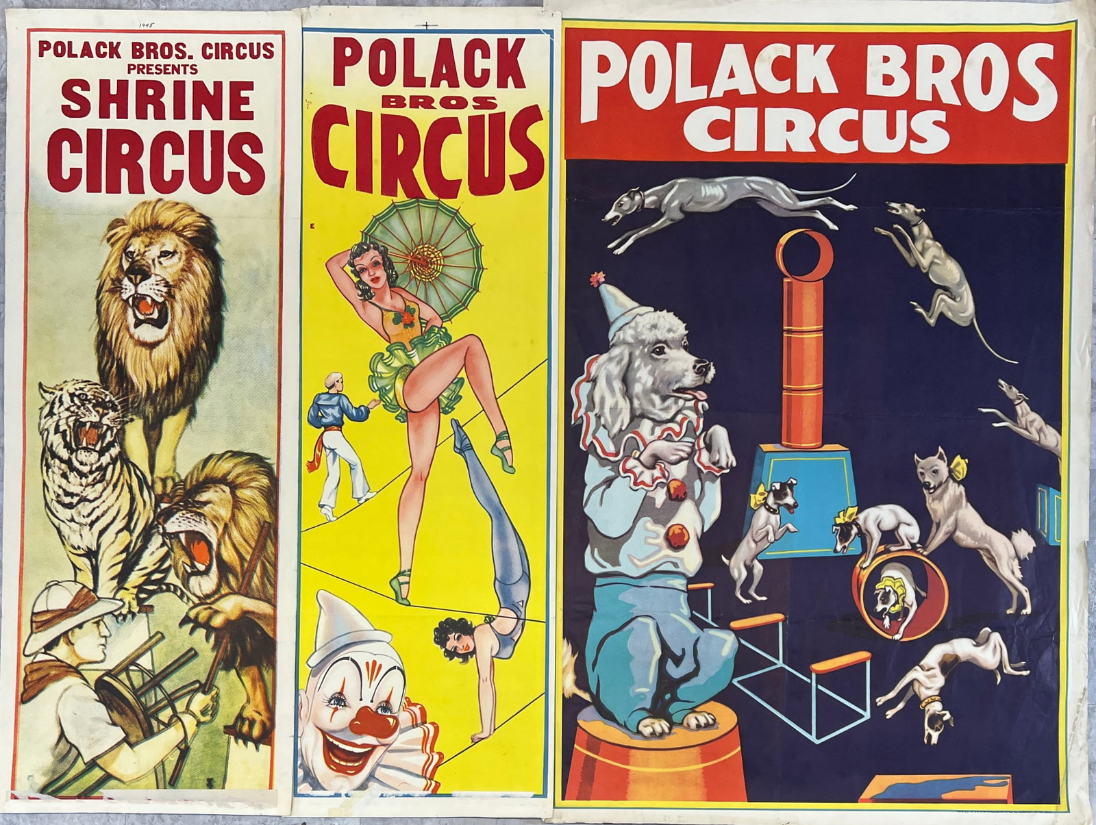 CIRCUS POSTER COLLECTION: POLACK BROS., ONE SHEET AND PANELS, 3 COUNT. UNMOUNTED, ALL WITH EVIDENCE OF POSTING.