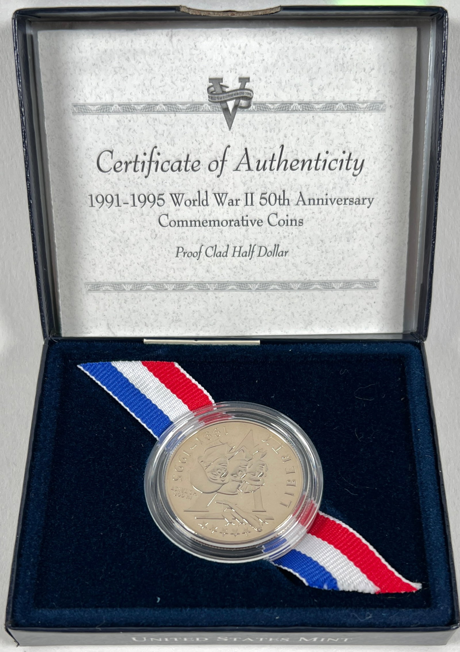 1991-5 WORLD WAR II HALF DOLLAR: 50TH ANNIVERSARY, PROOF CLAD HALF DOLLAR, OGP