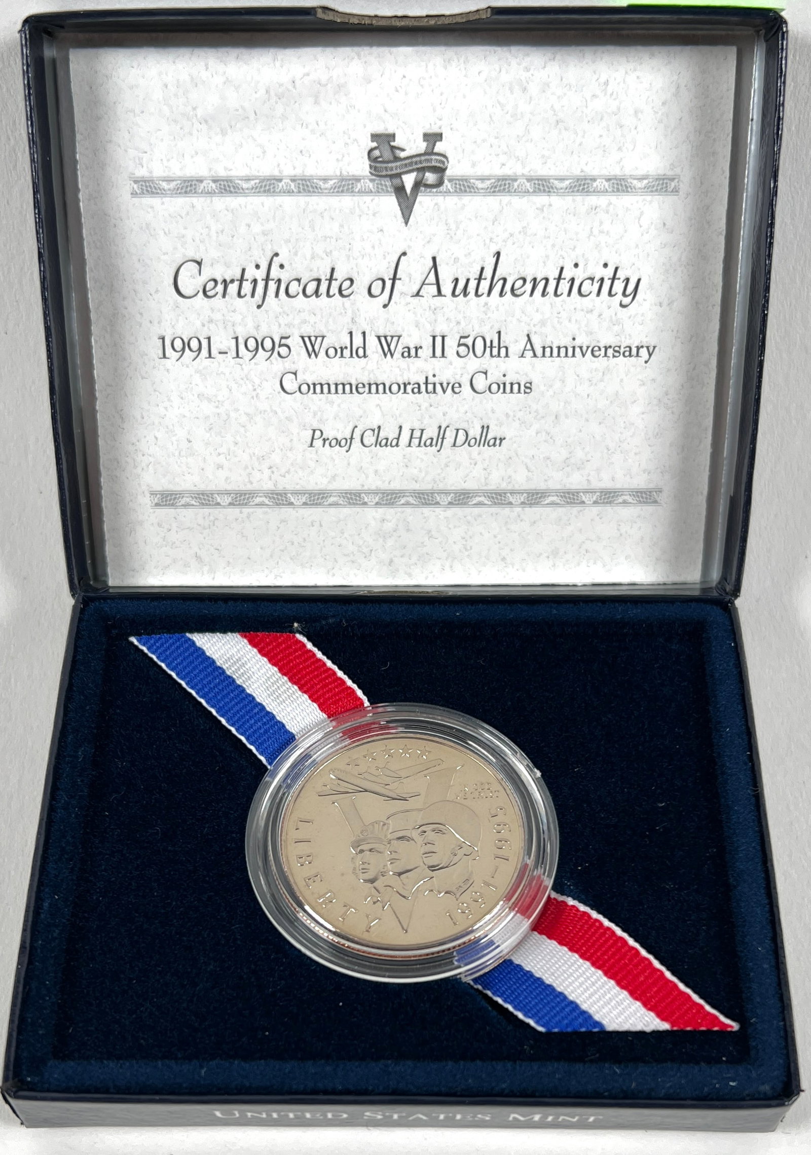 1991-5 WORLD WAR II HALF DOLLAR: 50TH ANNIVERSARY, PROOF CLAD HALF DOLLAR, OGP