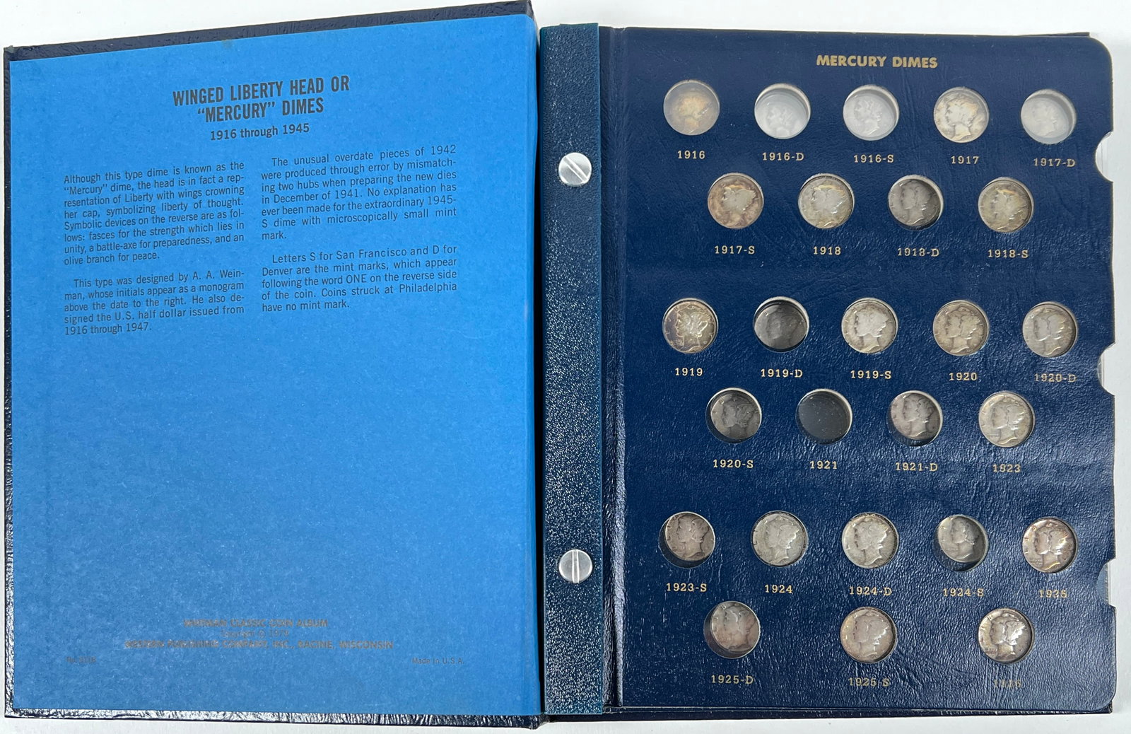MERCURY DIMES IN WHITMAN BOOK: COLLECTION OF 59 COINS, NO KEYS, CIRCULATED
