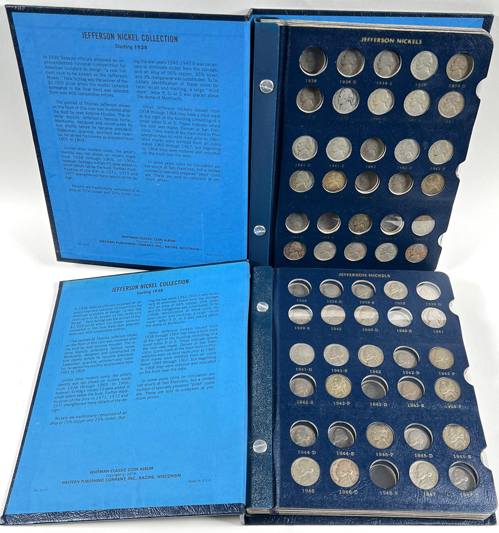 JEFFERSON NICKELS IN WHITMAN BOOKS: TWO BOOKS, 1938-1980'S. DOES INCLUDE SOME SILVER ISSUE, NO KEYS. 125+ COINS