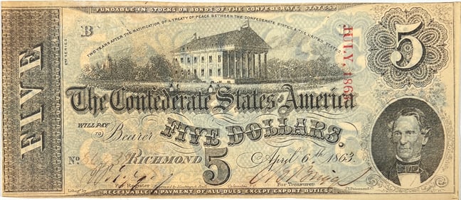 1863 CONFEDERATE STATES OF AMERICA $5 NOTE