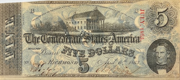 1863 CONFEDERATE STATES OF AMERICA $5 NOTE