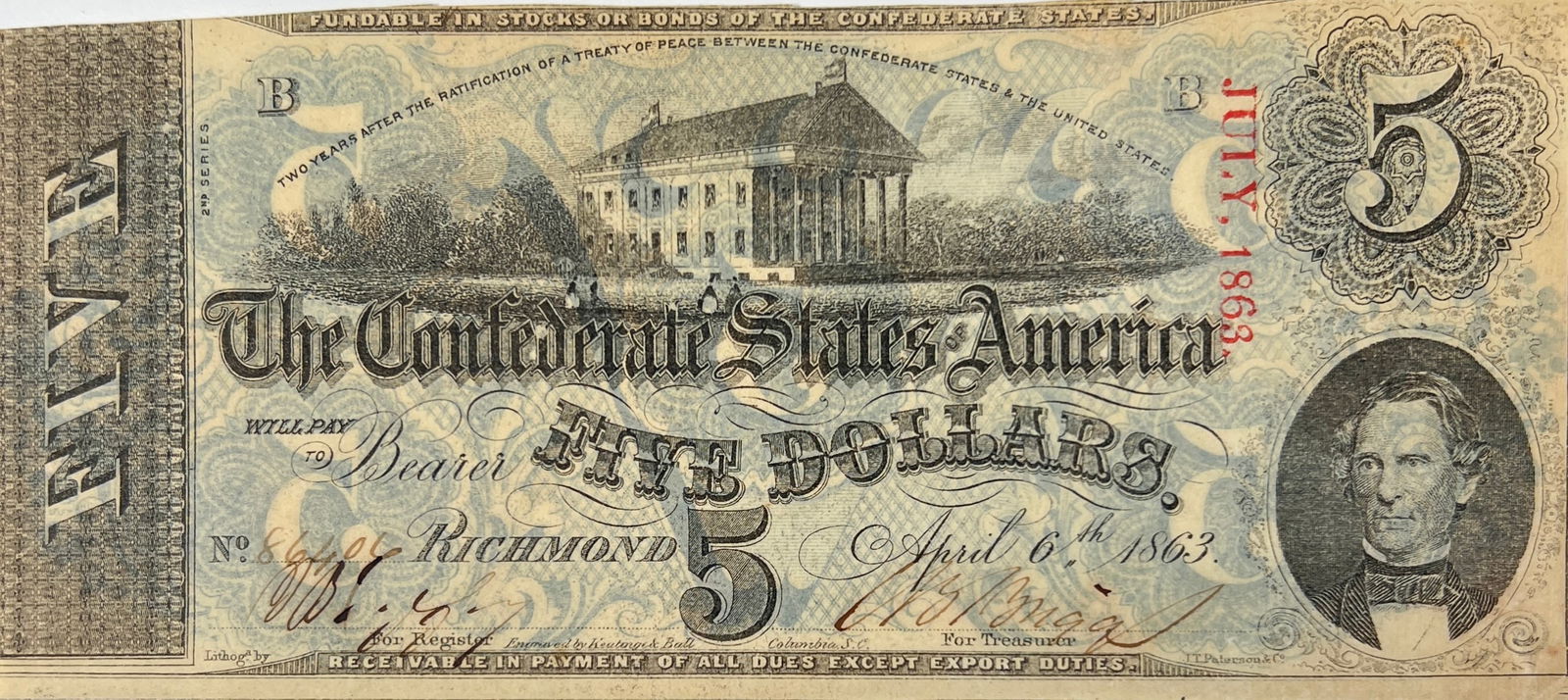 1863 CONFEDERATE STATES OF AMERICA $5 NOTE (1 of 2)