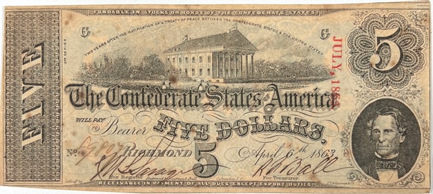 1863 CONFEDERATE STATES OF AMERICA $5 NOTE