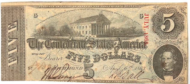 1863 CONFEDERATE STATES OF AMERICA $5 NOTE