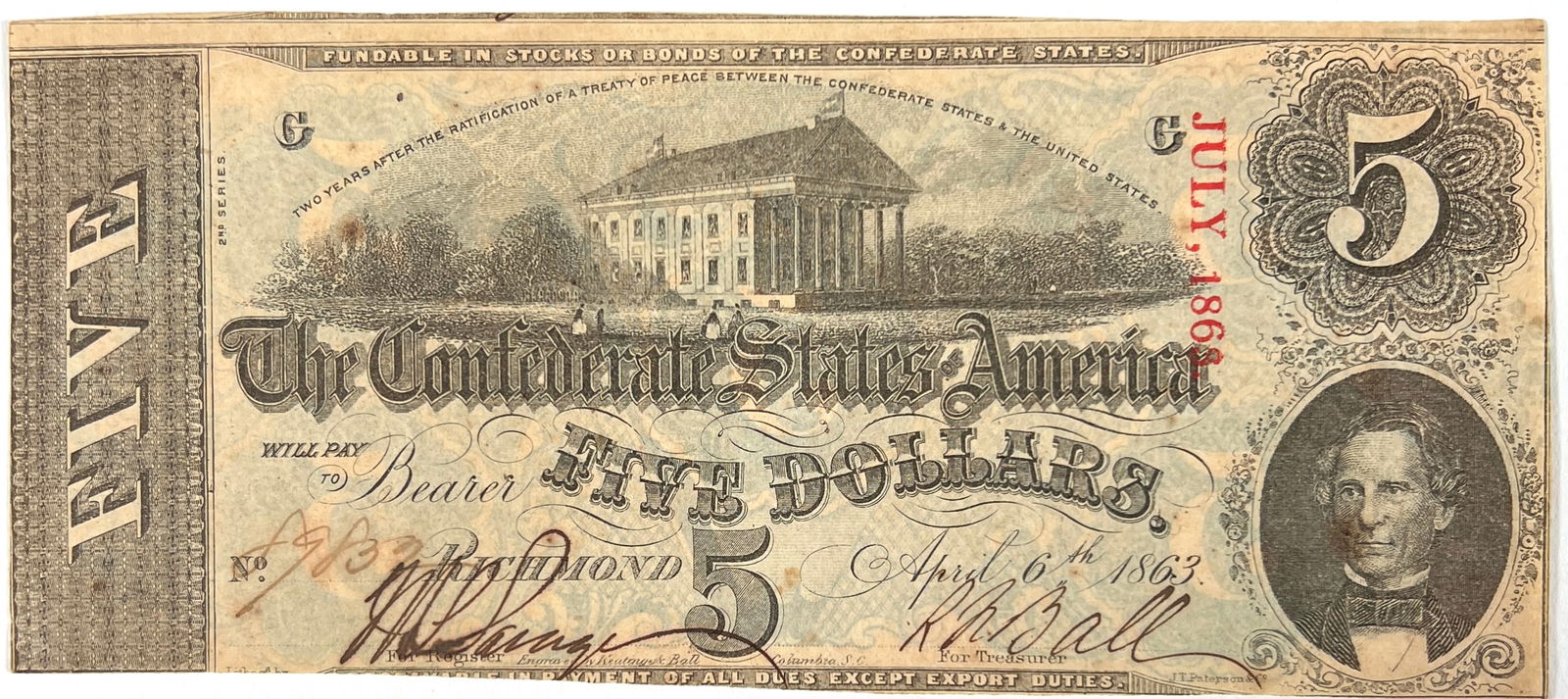 1863 CONFEDERATE STATES OF AMERICA $5 NOTE (1 of 2)