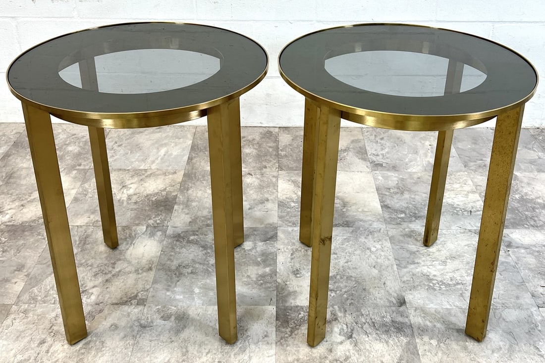 CALVIN KLEIN SIDE TABLES: BRASS TONED WITH SMOKED GLASS INSERT TOPS. 20"TOP, 23"H