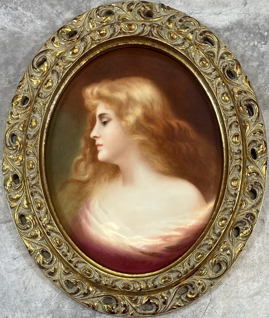 ANTIQUE PORCELAIN HAND-PAINTED PLAQUE: AFTER ANGELO ASTI, "ERBLUHT". PORTRAIT OF A WOMAN, PORCELAIN CONTINENTAL HAND-PAINTED PLAQUE IN GILT OVAL FRAME. 11"X13"