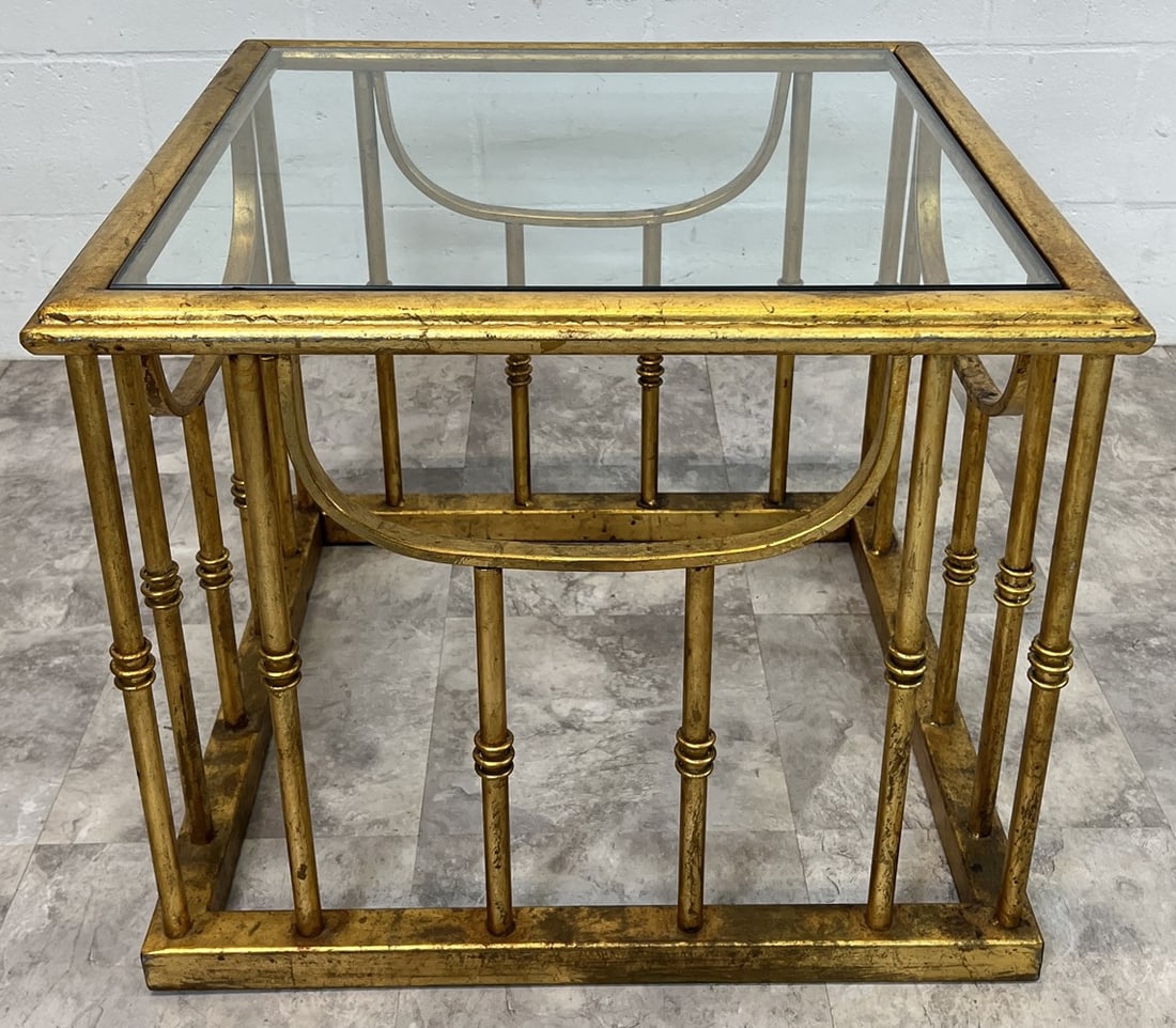 ITALIAN GILT METAL SIDE TABLE: GLASS TOP. 25" TOP, 22"H