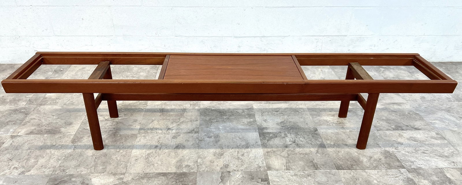 MCM TEAK BENCH/COFFEE TABLE: TEAK BENCH/COFFEE TABLE WITH PANEL INSERTS. TWO INSERTS ARE MISSING. SOLD AS SHOWN. 75"X14"X14"