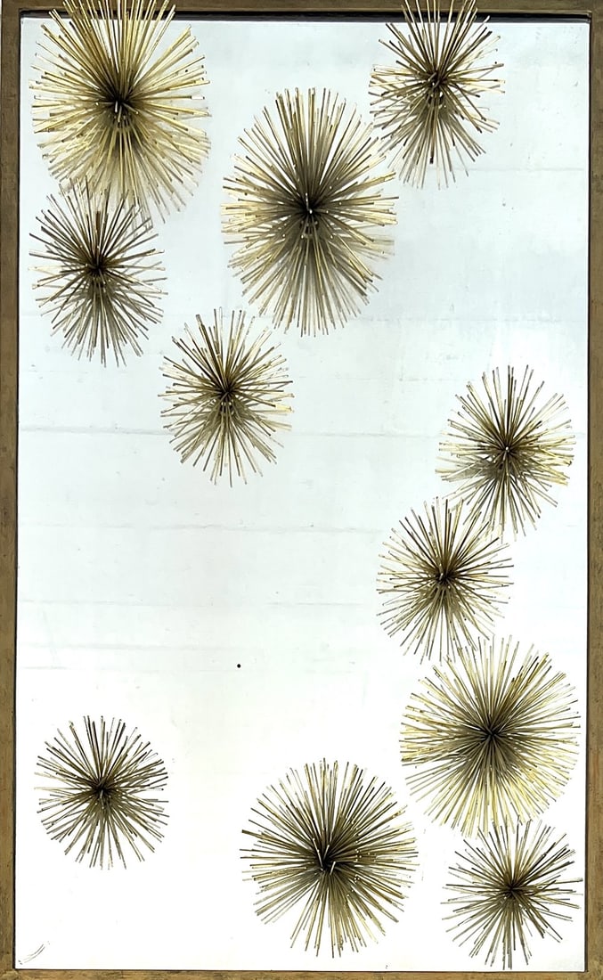 URCHIN OR POM-POM WALL MIRROR: 24"X39". MIRROR HAZING MAY BE INTENTIONAL TO THE DESIGN.