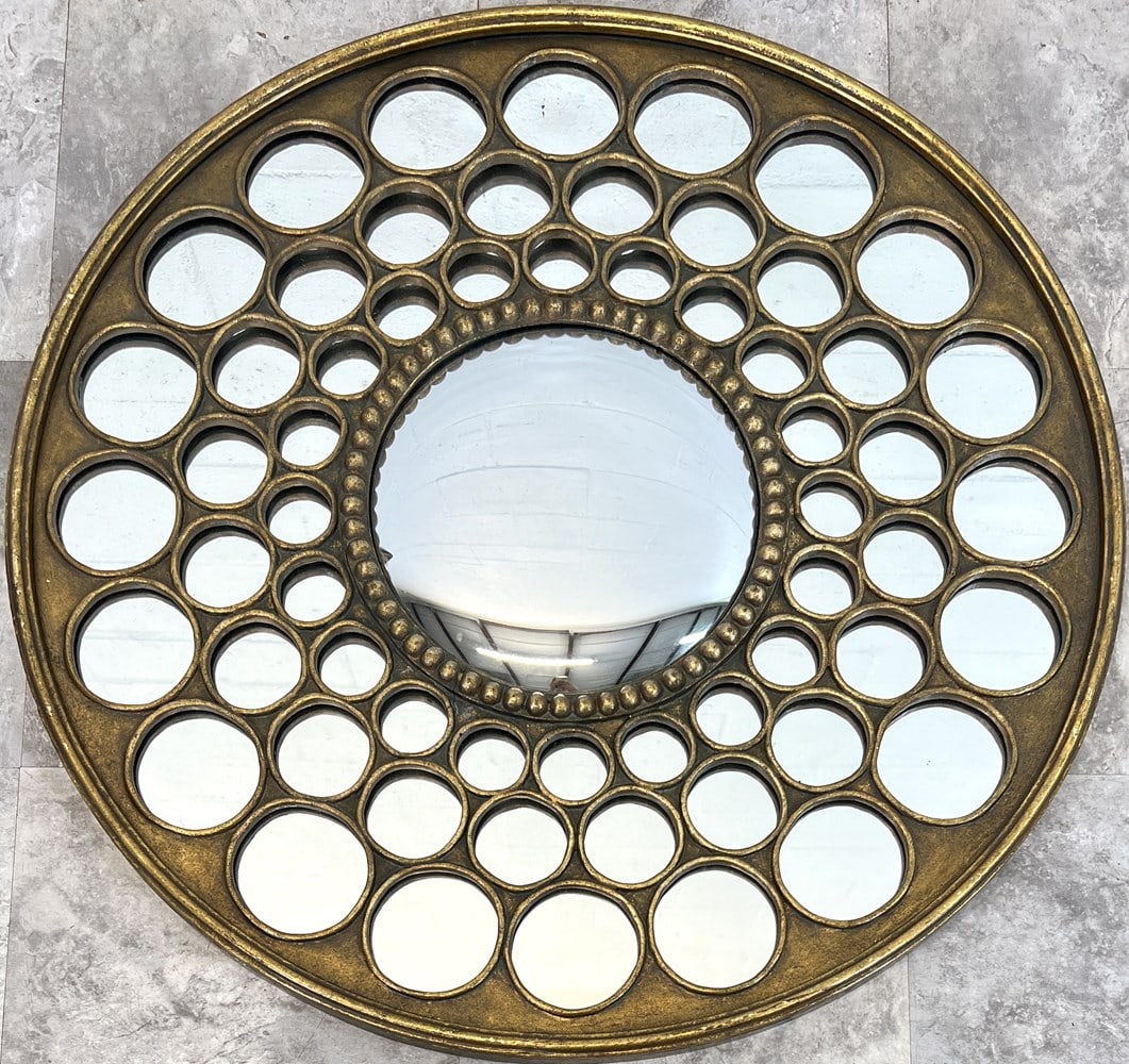 UTTERMOST WALL MIRROR: GILT METAL FRAME WITH CONVEX CENTER MIRROR. 31"