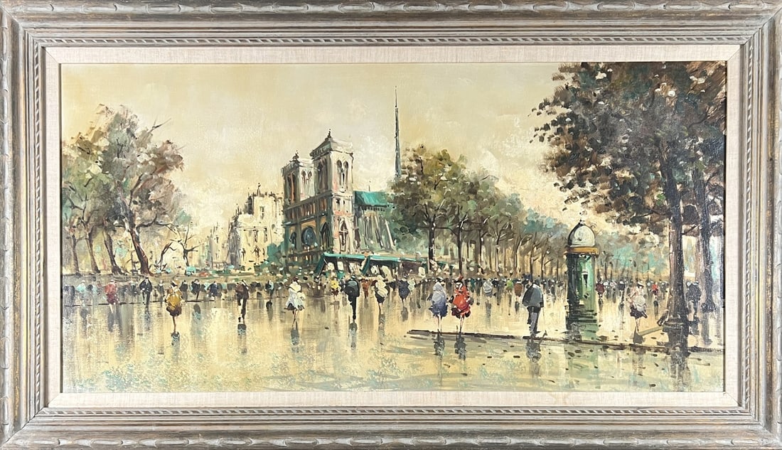 ANTONIO DEVITY PAINTING: ANTONIO DEVITY OIL ON CANVAS PARISIAN SCENE PAINTING. 29"X54"