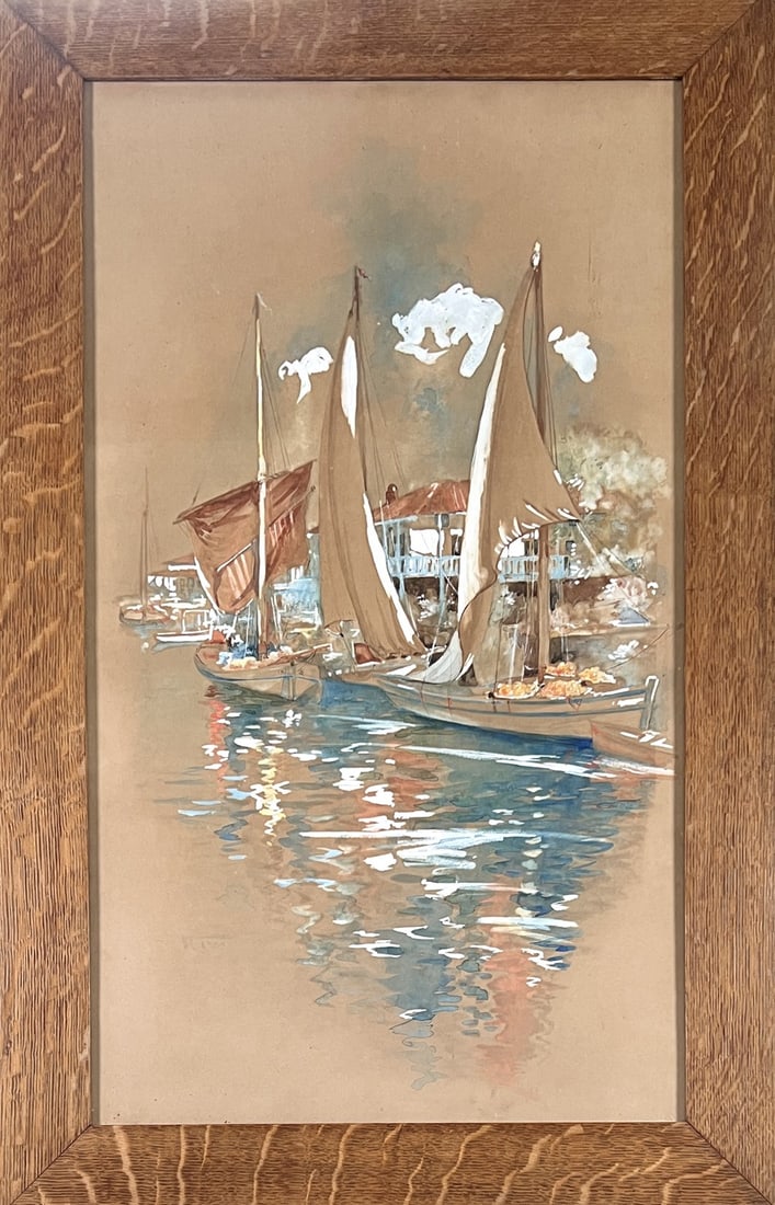 ANTIQUE PAINTING OF SAILBOATS: MISSION OAK FRAME, WATERCOLOR WITH PASTEL. 24"X37"