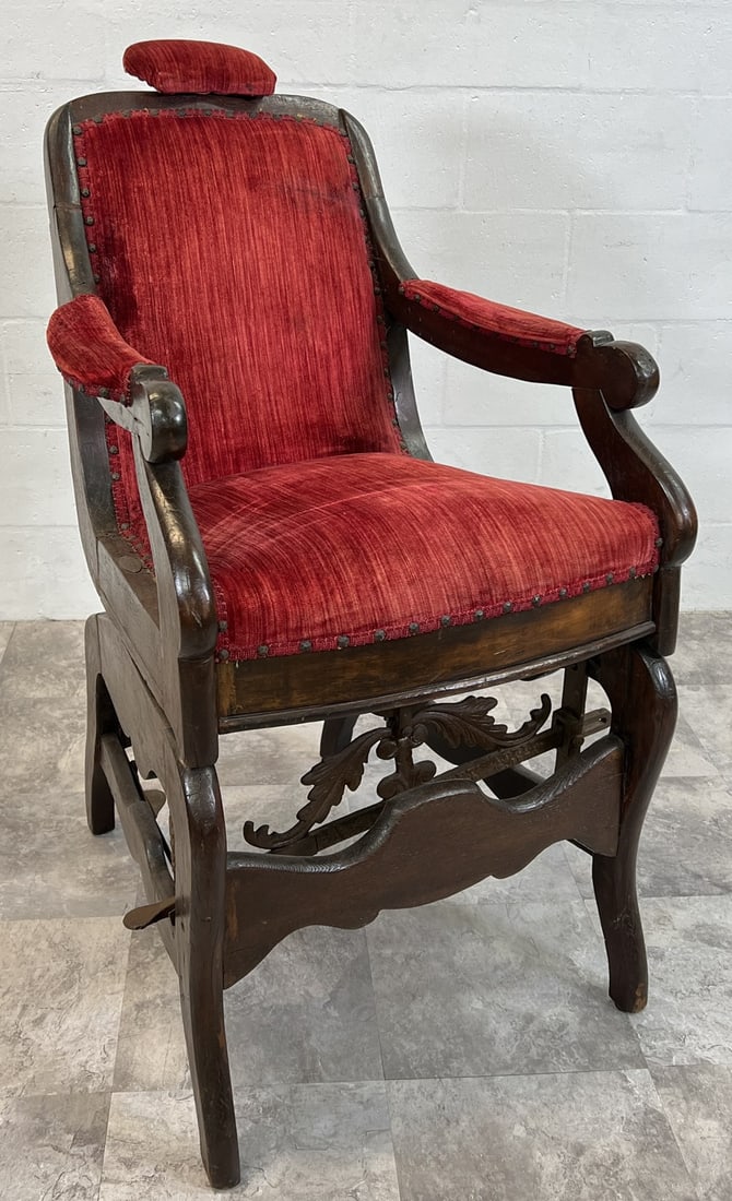 ANTIQUE BARBER'S CHAIR: PATENT DATE OF 1874, FOOT PEDAL ADJUSTMENT FOR RECLINING POSITION.