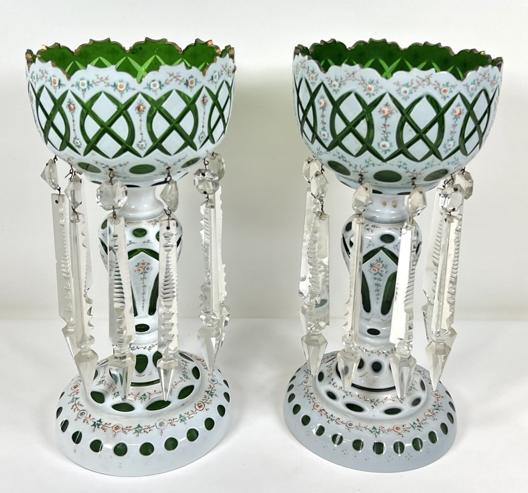BOHEMIAN MANTLE LUSTERS: BOHEMIAN MANTEL LUSTERS, WHITE AND GREEN TO CLEAR WITH PRISMS. 14"H