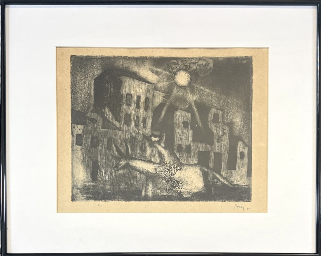 MYSTERY ARTIST - ETCHING ON PAPER: SIGNED, 1958. FRAMED, 16"X20"